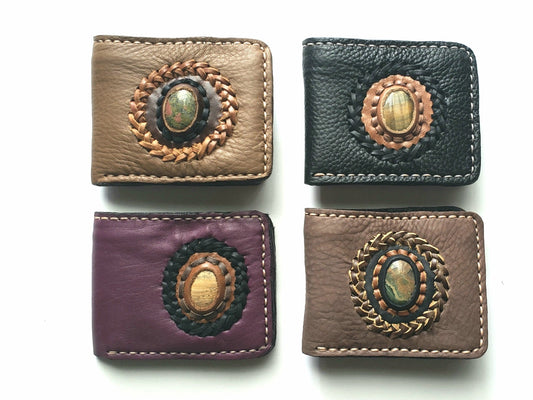 Handmade genuine pebble grain leather bifold wallet with precious stone accent(3 pack/ $28 ea.)