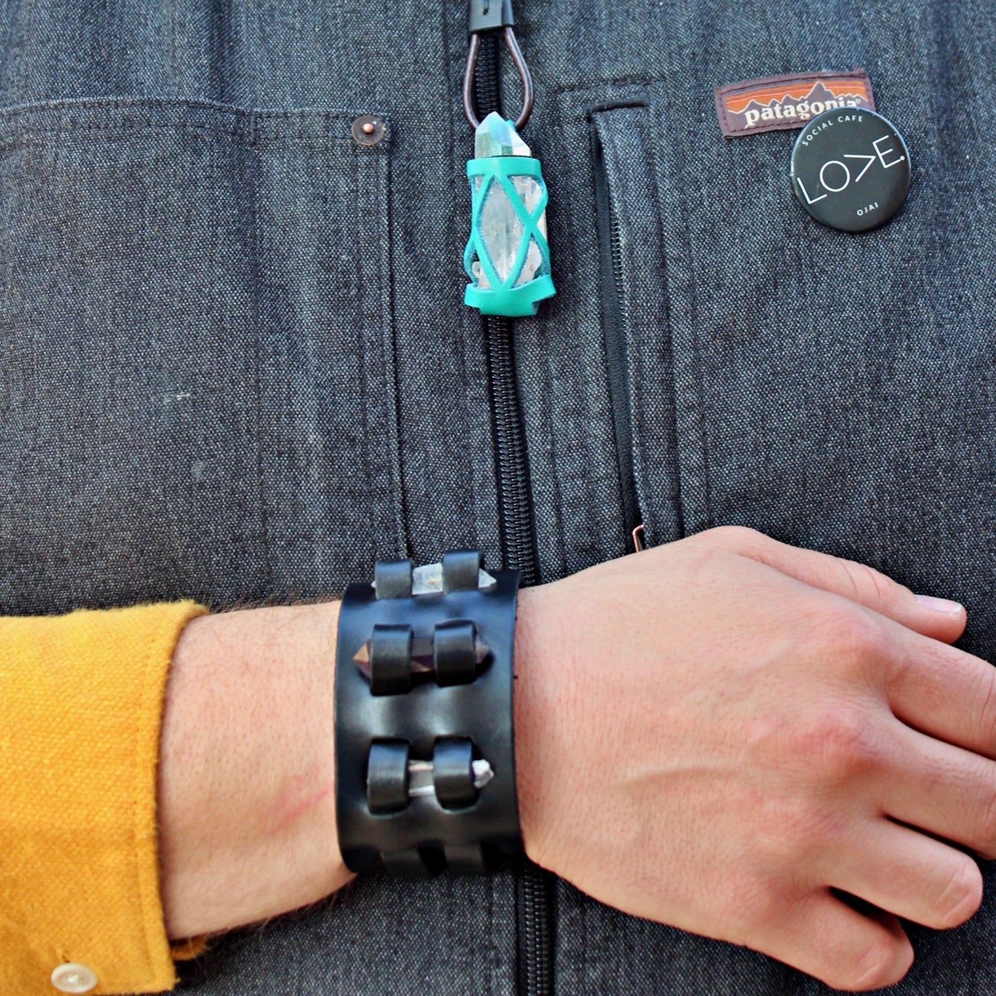 Handmade genuine leather gem stone crystal holder bracelets/ cuffs double bands (With stones)