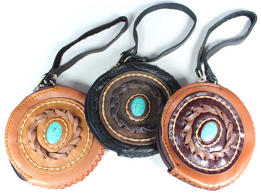 Handmade leather western round zip coin purse with stone accent and wrist strap(6 Pack/$10 Ea.)