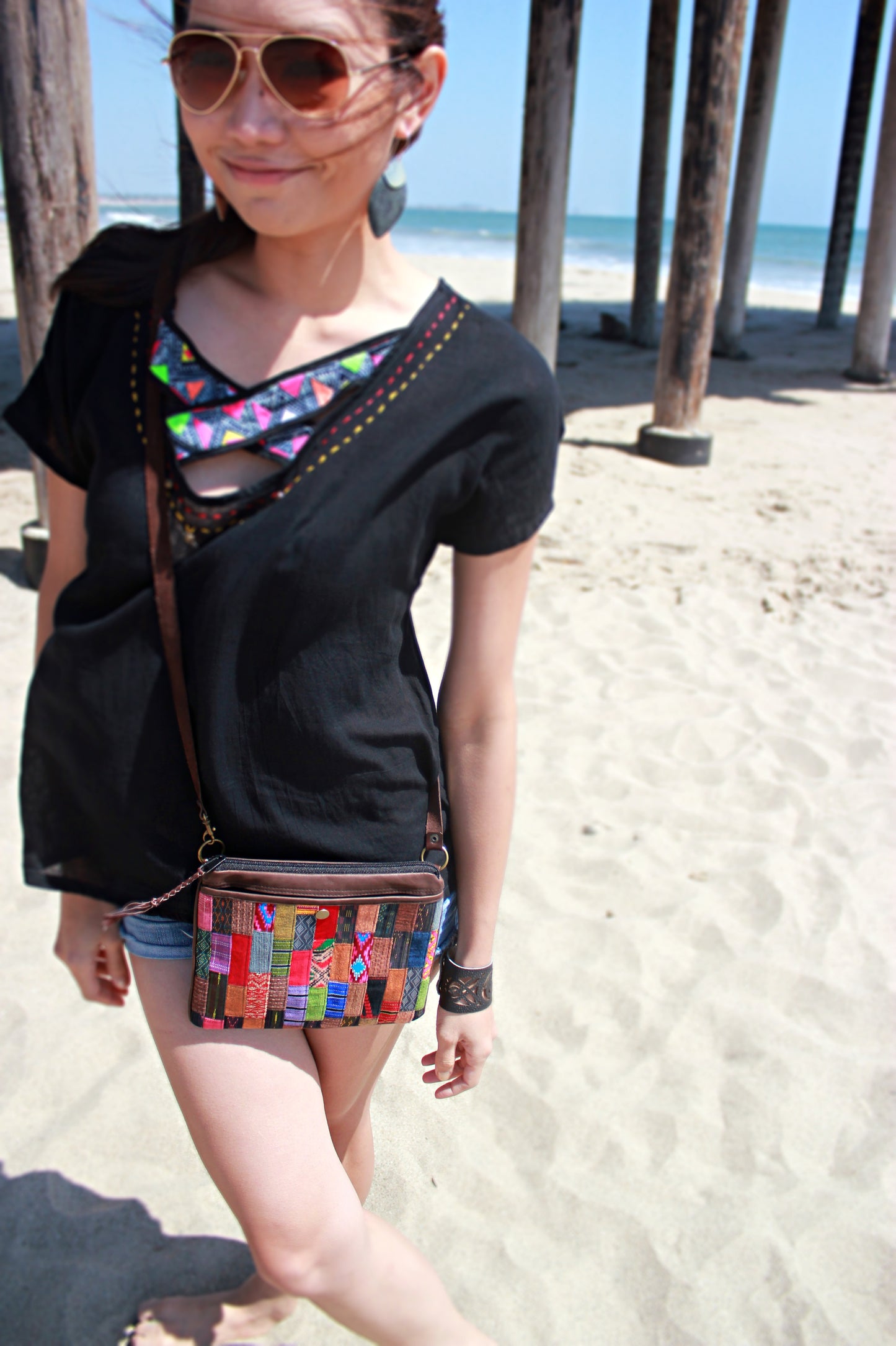 Handmade hill tribe artisan handwoven cotton patchwork crossbody/ shoulder convertible saddle bag