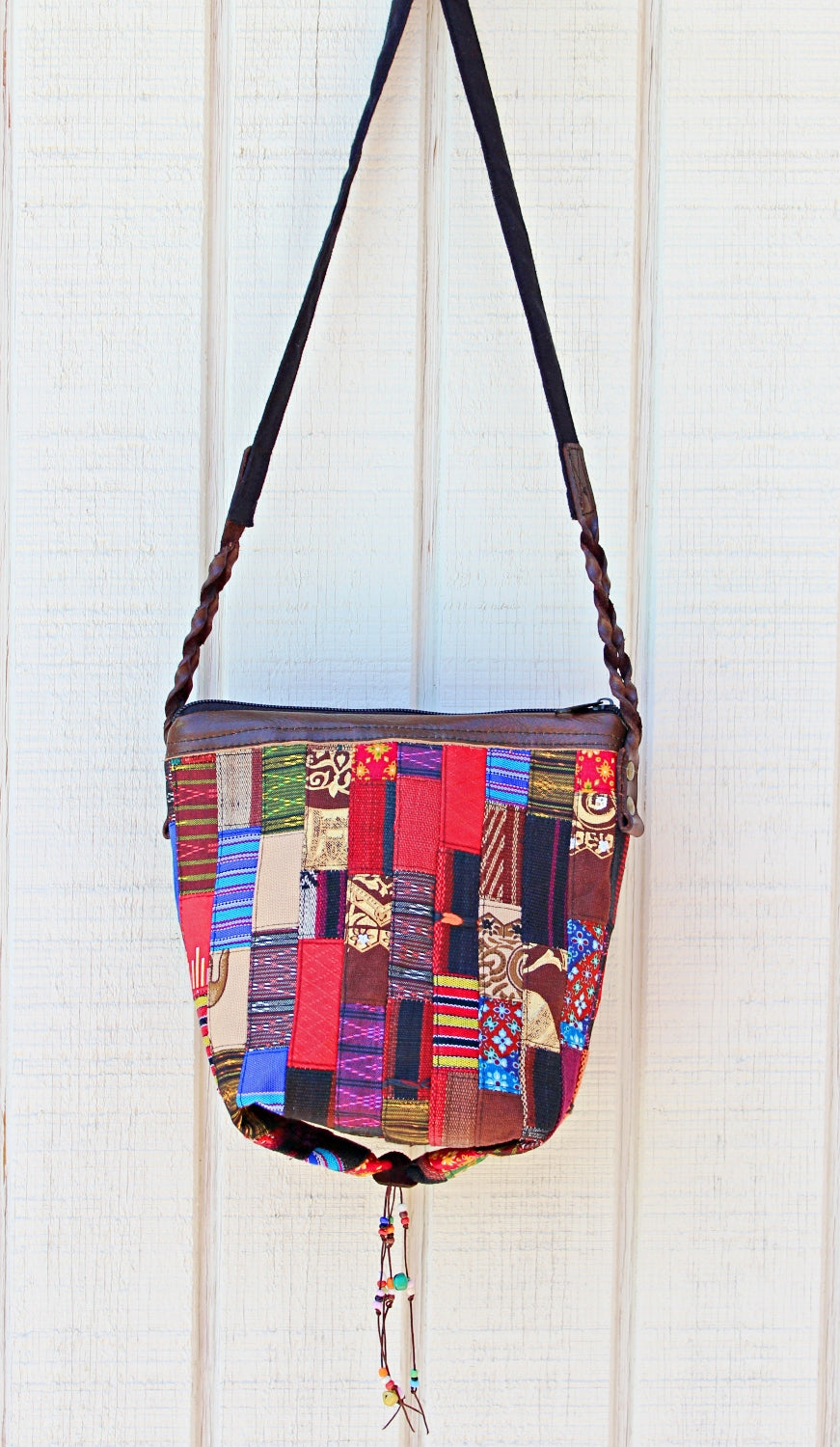 Handmade hill tribe artisan handwoven cotton patchwork crossbody small bucket bag
