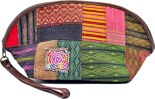 Handmade hill tribe artisan handwoven cotton patchwork with leather accent wristlet / clutch
