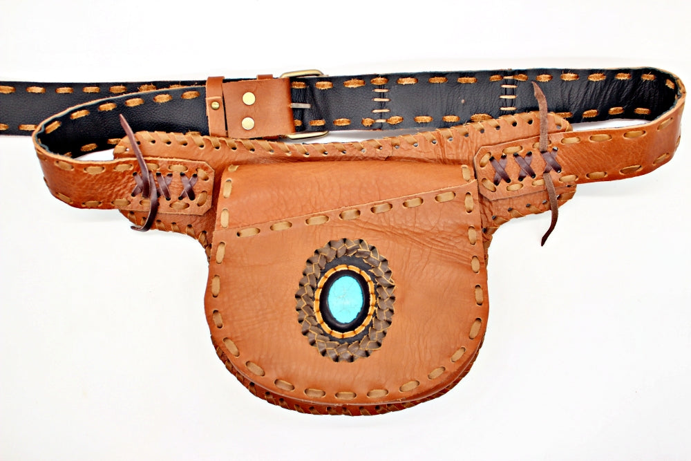 Handmade leather bohemian fanny bag With semi previous stone accent