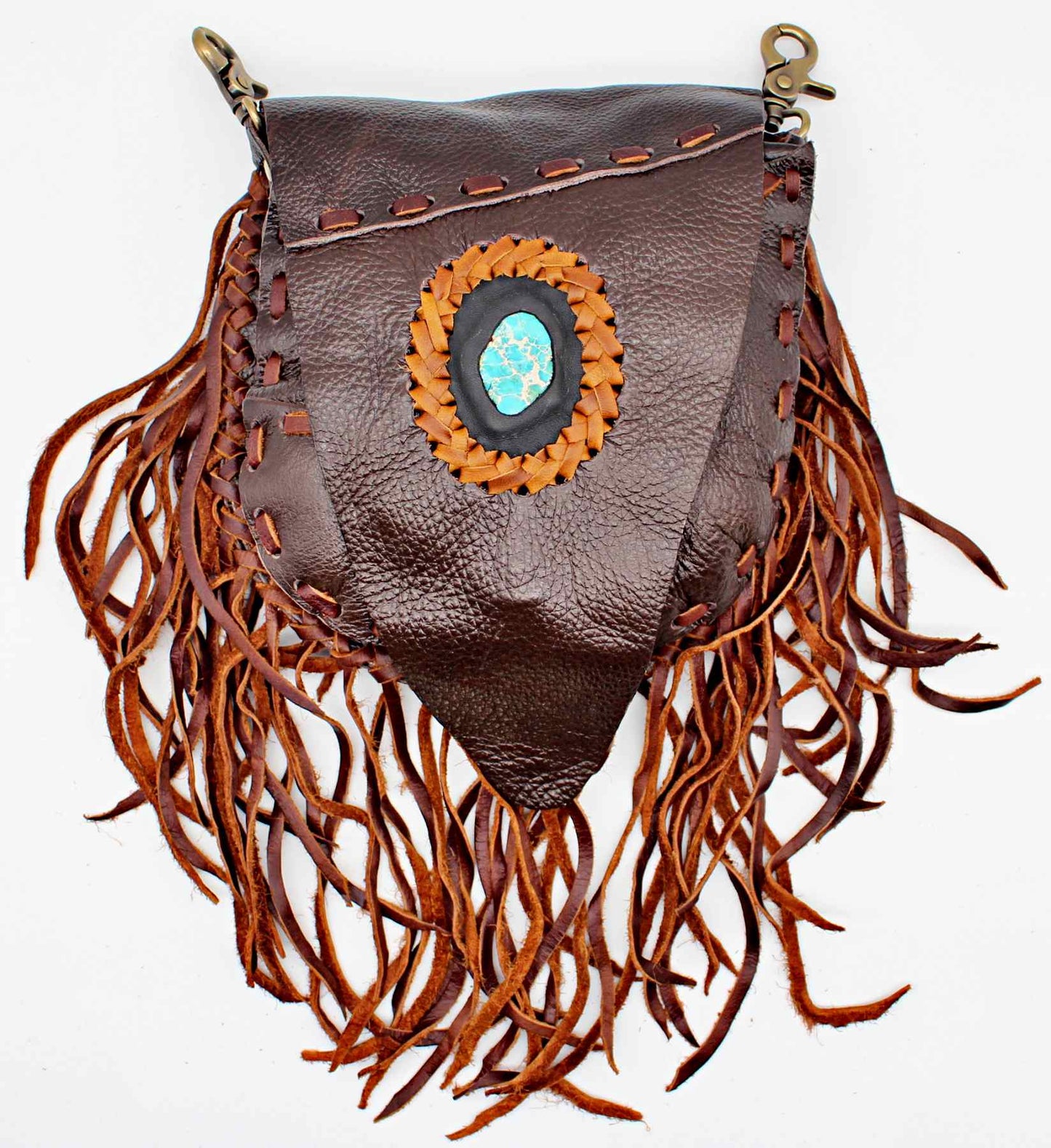 Handmade genuine leather bohemian saddle bag with fringe and stone accent