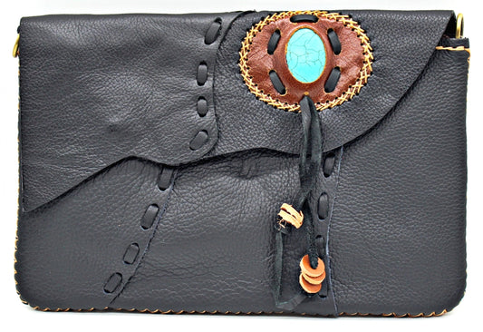 Handmade Cowhide leather adjustable clutch/purse with stone accent