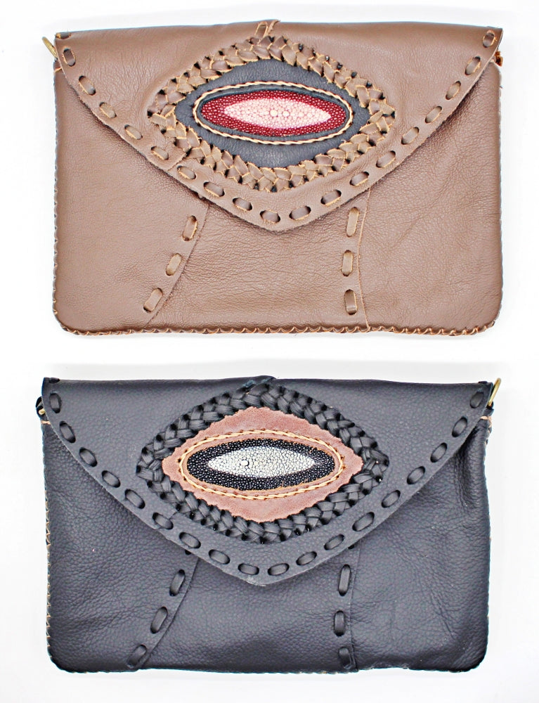 Handmade genuine cowhide leather adjustable clutches/purses with stingray leather accent : TH-LB-17