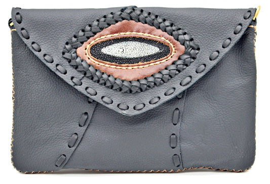 Handmade genuine cowhide leather adjustable clutches/purses with stingray leather accent : TH-LB-17