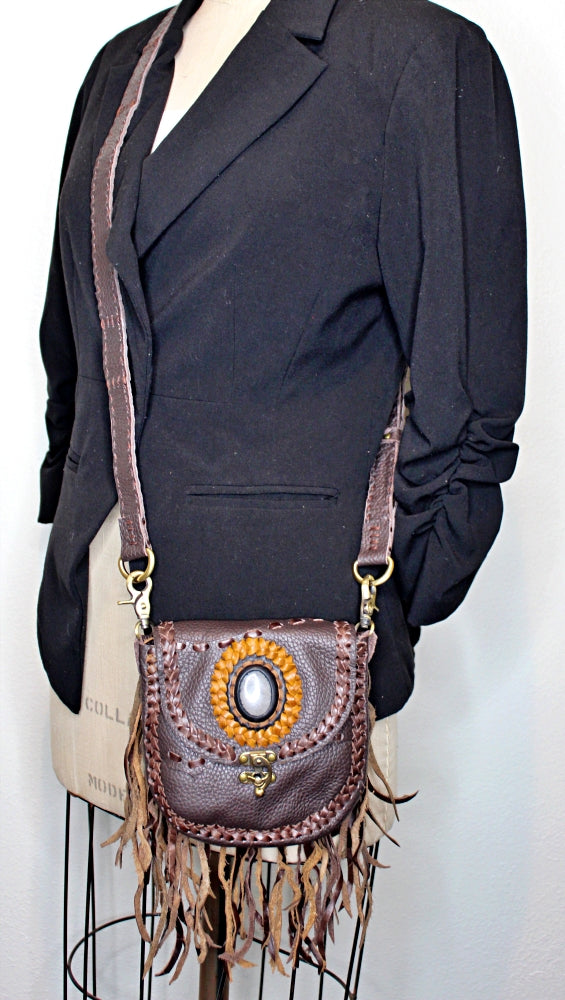 Handmade Bohemian Fringe Bag W/ Antique Swing Latch Closure