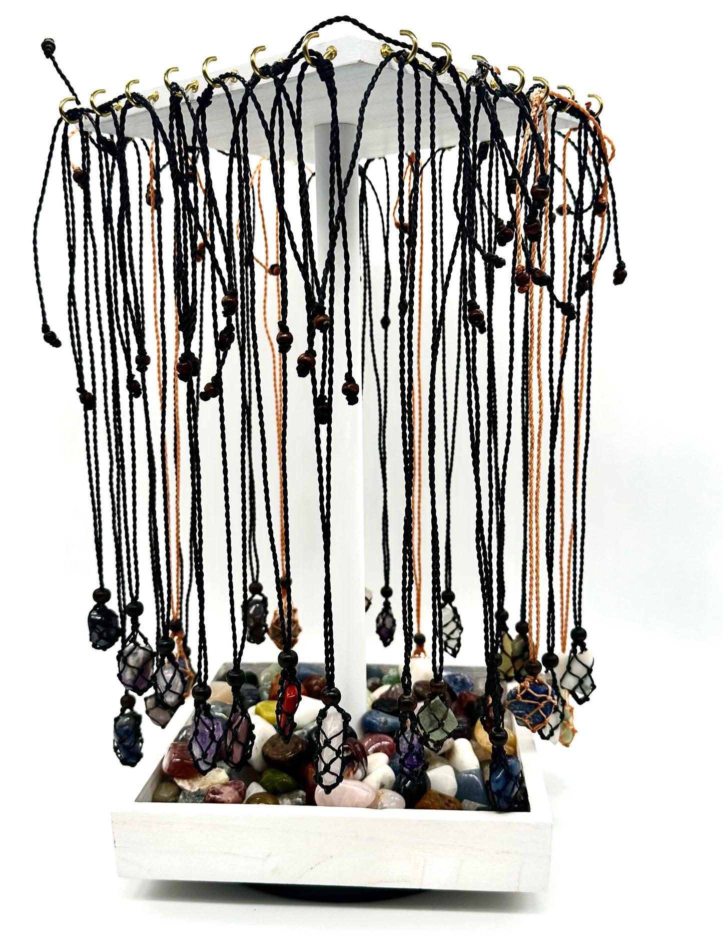 Macramé Cage Necklaces With Tumbled Stone display set