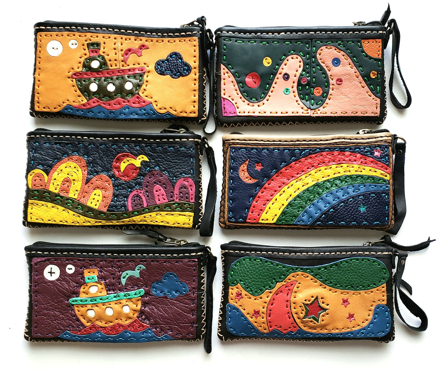 Handmade genuine leather collage art clutch/ wristlet