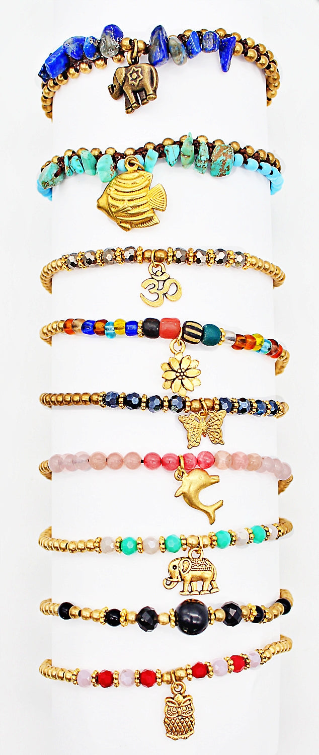 Handmade gemstone thin bracelets with charms(12 pack/$4.20 ea.)