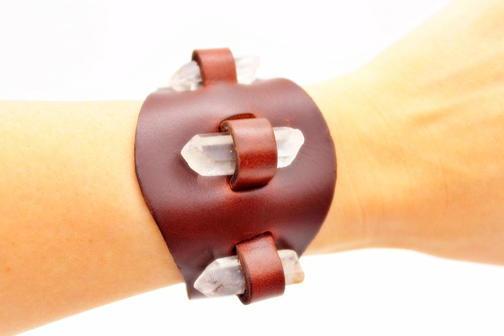 Handmade genuine leather gem stone crystal holder bracelets/ cuffs single band(Without stones)