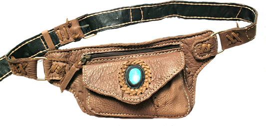 Handmade leather bohemian fanny bag with flap and hand selected semi- precious stone accent