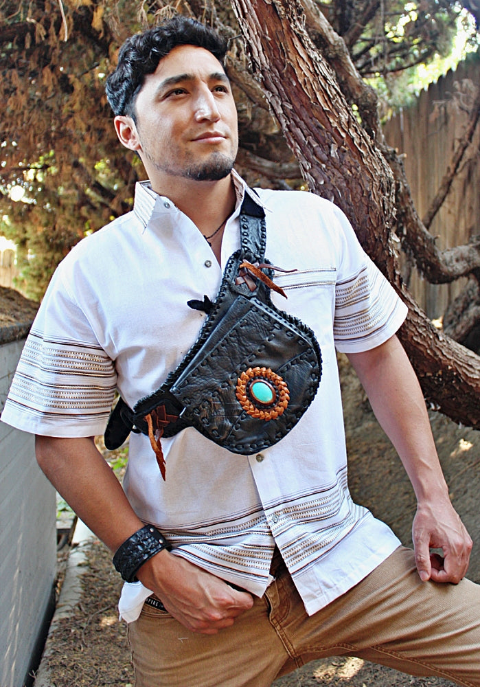 Handmade leather bohemian fanny bag With semi previous stone accent