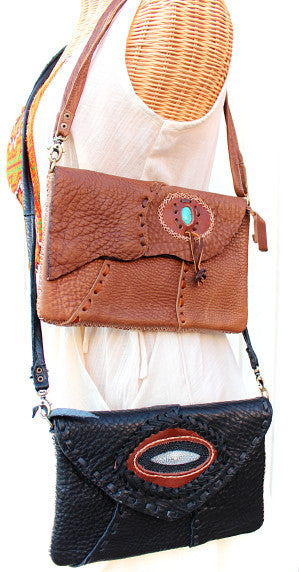 Handmade Cowhide leather adjustable clutch/purse with stone accent: TH-LB-16 - Atlas Goods