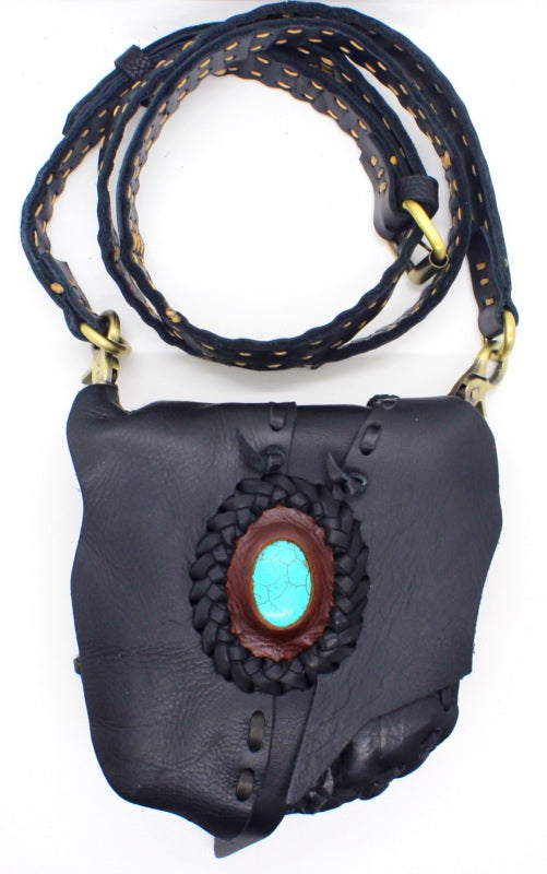 Handmade leather possible bag bohemian/ hippy style with blue stone accent