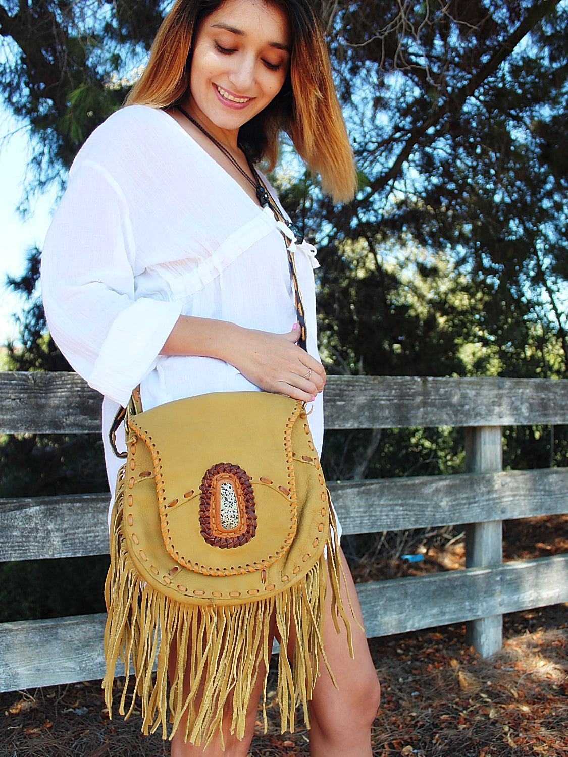 Handmade leather Bohemian Crossbody satchel Purse With Premium Stone and Fringe