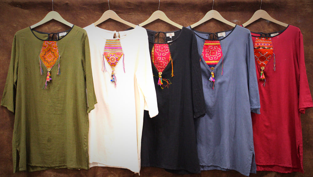 Three quarter sleeve long blouse/short dress with Hmong hill tribe up-cycle textile patchwork - Atlas Goods