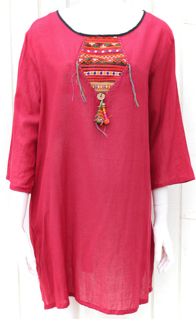 Three quarter sleeve long blouse/short dress with Hmong hill tribe up-cycle textile patchwork - Atlas Goods