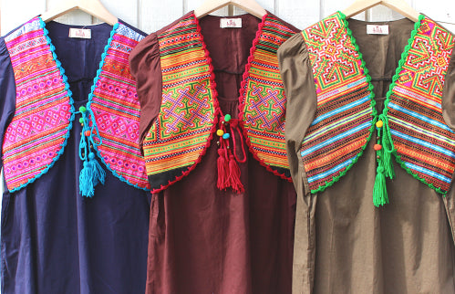Three quarter sleeve sundress with Hmong hill tribe up-cycle textile vest - Atlas Goods