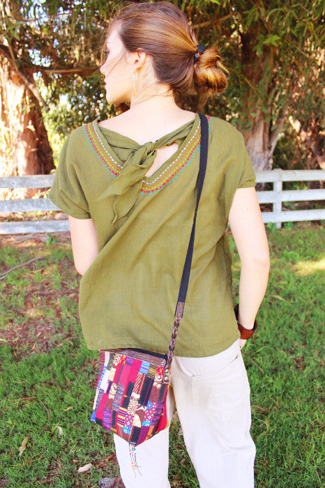 Criss Cross U-neck Blouse with Hmong hill tribe up-cycle textile accent - Atlas Goods