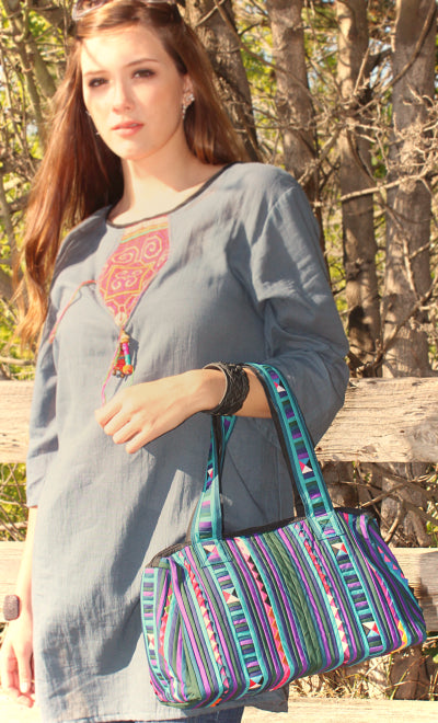 Three quarter sleeve long blouse/short dress with Hmong hill tribe up-cycle textile patchwork - Atlas Goods