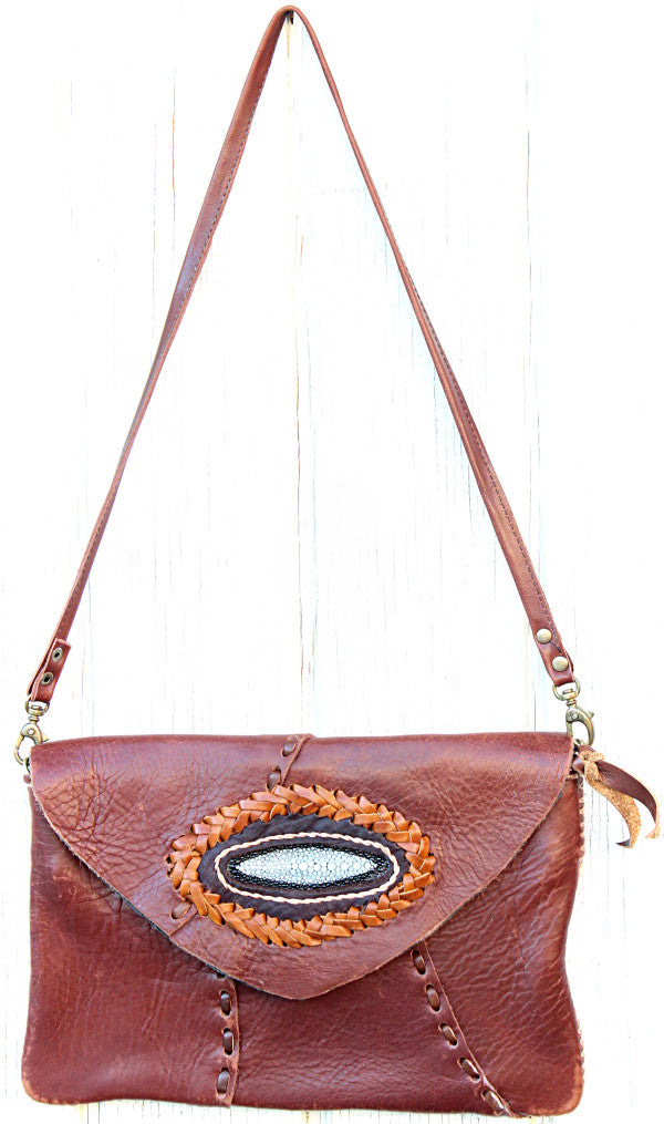 Handmade genuine cowhide leather adjustable clutches/purses with stingray leather accent : TH-LB-17 - Atlas Goods