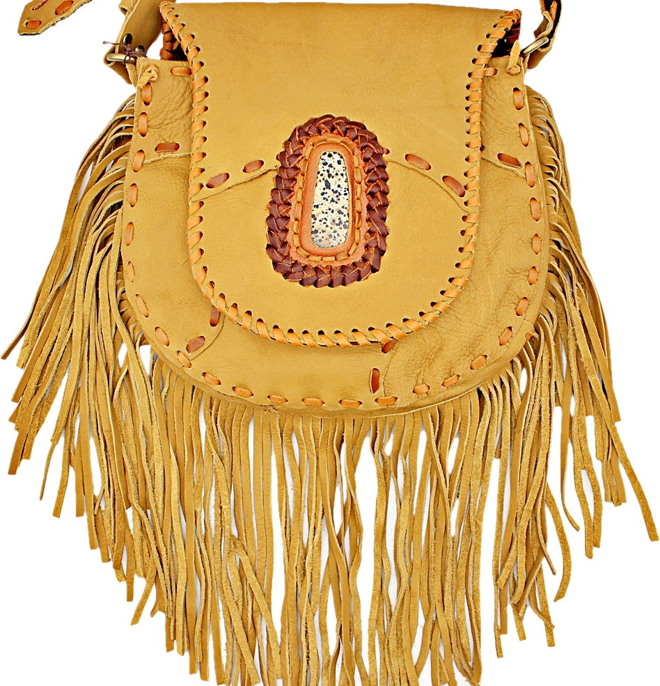 Handmade leather Bohemian Crossbody satchel Purse With Premium Stone and Fringe