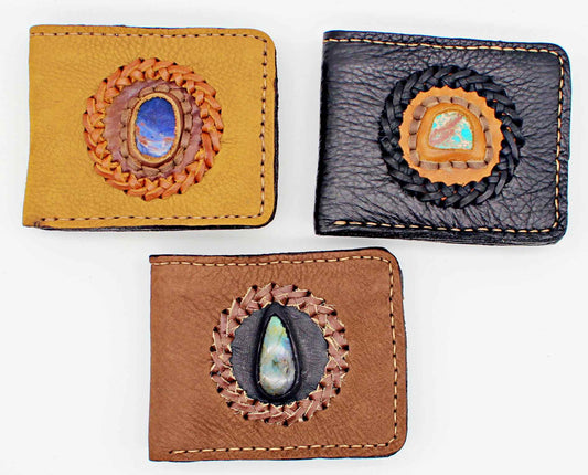 Handmade genuine pebble grain leather bifold wallet with precious stone accent