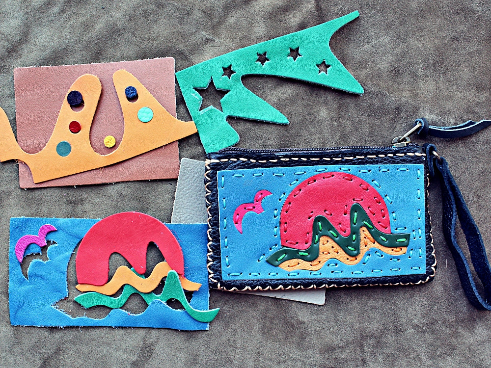 Handmade genuine leather collage art clutch/ wallet-Tug boat design
