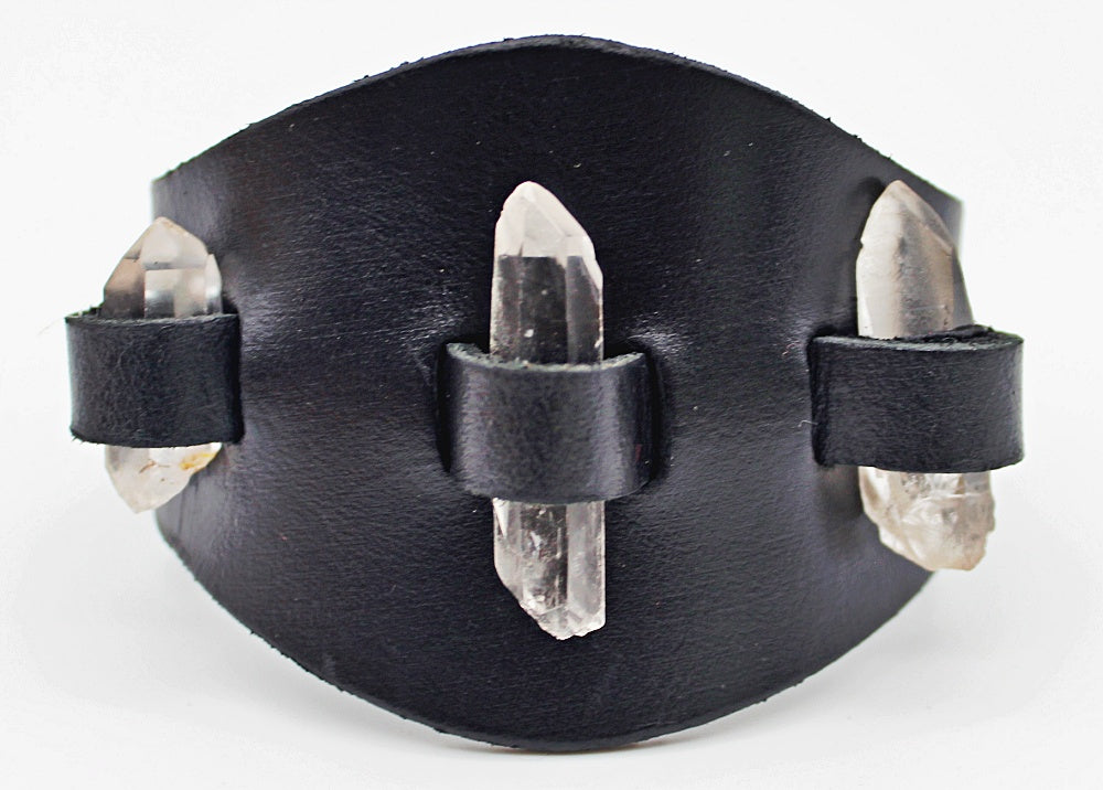 Handmade genuine leather gem stone crystal holder single strap bracelets/ cuffs (With stones)