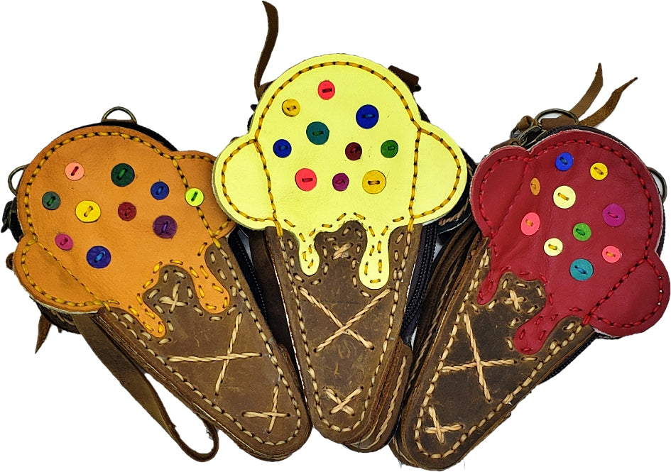 Handmade genuine leather collage art coin purse/ wallet-ice cream cone design