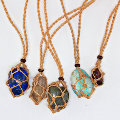 Handmade interchangeable macramé cage necklaces with tumbled stone
