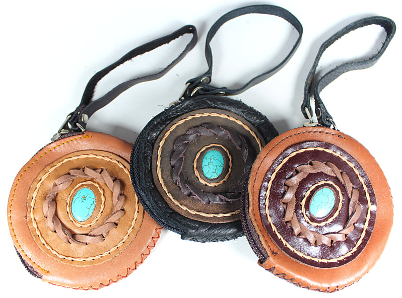 Handmade leather western round zip coin purse with stone accent and wrist strap(6 Pack/$10 Ea.)