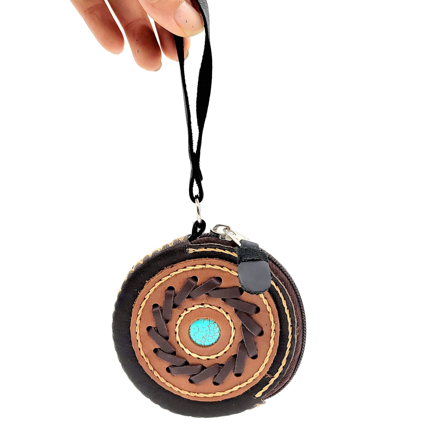 Handmade leather western round zip coin purse with stone accent and wrist strap(6 Pack/$10 Ea.)