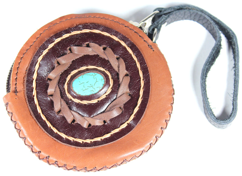 Handmade leather western round zip coin purse with stone accent and wrist strap(6 Pack/$10 Ea.)