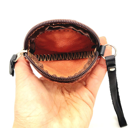Handmade leather western round zip coin purse with stone accent and wrist strap