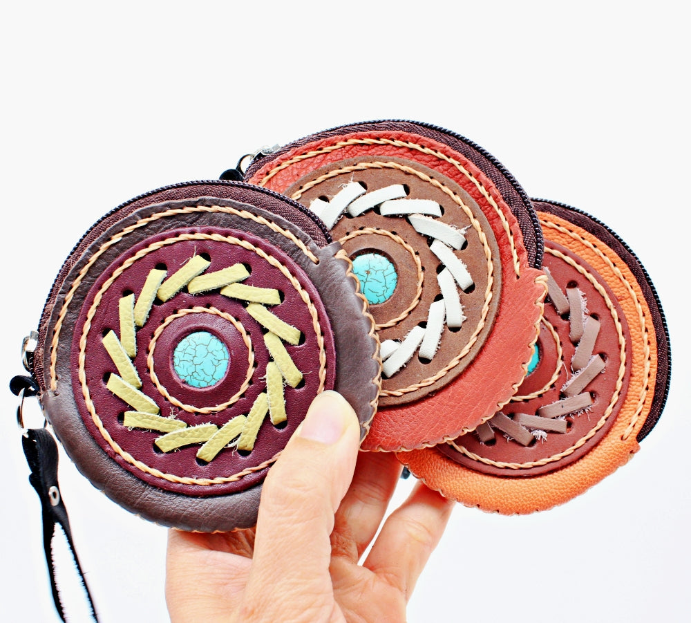 Handmade leather western round zip coin purse with stone accent and wrist strap(6 Pack/$10 Ea.)