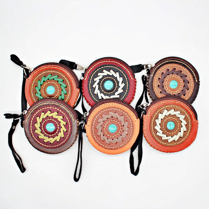 Handmade leather western round zip coin purse with stone accent and wrist strap(6 Pack/$10 Ea.)