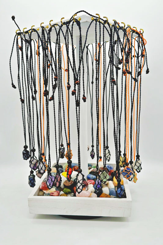 Macramé Cage Necklaces With Tumbled Stone display set