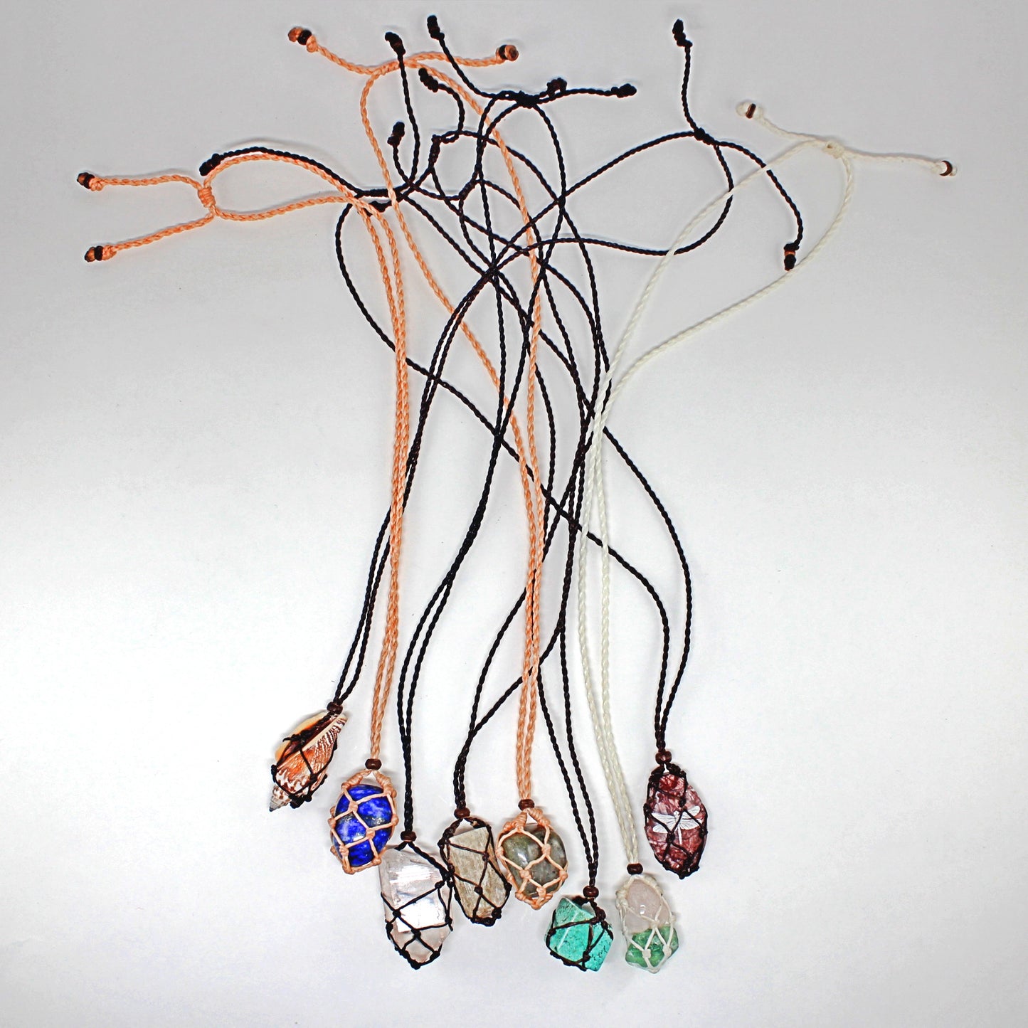 Macramé Cage Necklaces With Tumbled Stone display set