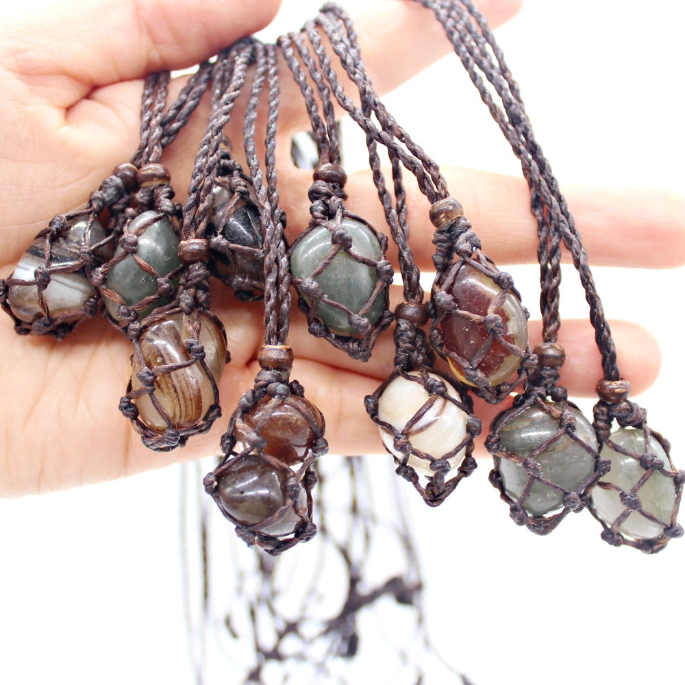 Macramé Cage Necklaces With Tumbled Stone display set
