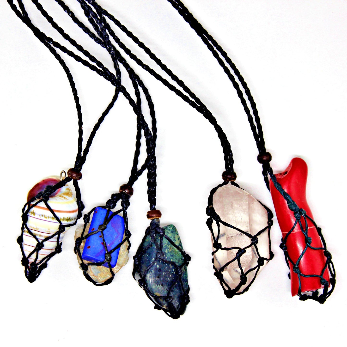 Macramé Cage Necklaces With Tumbled Stone display set