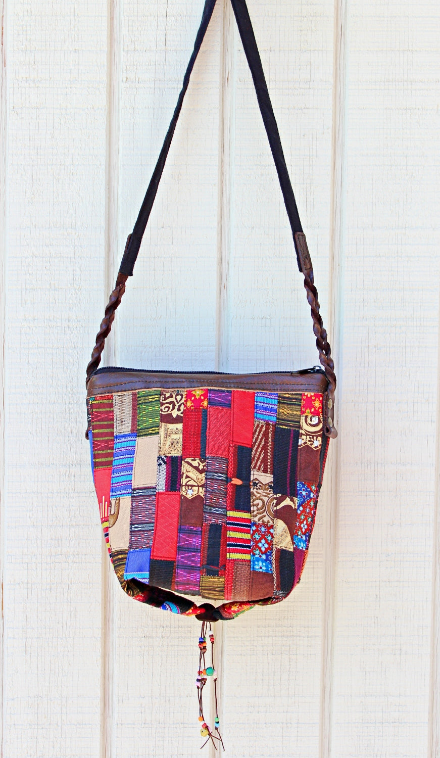 Handmade hill tribe artisan handwoven cotton patchwork crossbody small bucket bag