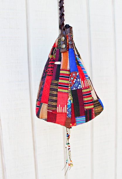 Handmade hill tribe artisan handwoven cotton patchwork crossbody small bucket bag(3 pack/$25 ea.)