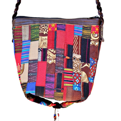Handmade hill tribe artisan handwoven cotton patchwork crossbody small bucket bag