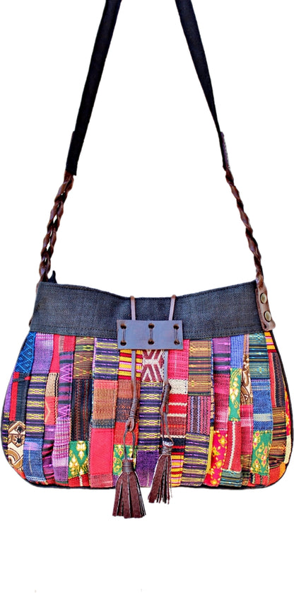 Handmade Hill tribe Artisan Patchwork adjustable cross-body and shoulder pleated handbag
