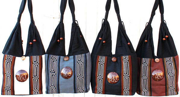 Handmade Cotton shoulder bag with hand embroidered design and hand-craved coconut shell accent(6 pack/ $10 ea.)