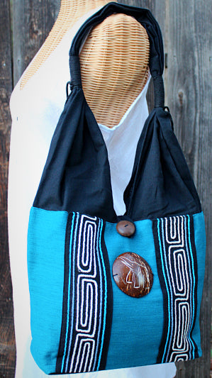 Handmade Cotton shoulder bag with hand embroidered design and hand-craved coconut shell accent(6 pack/ $10 ea.)