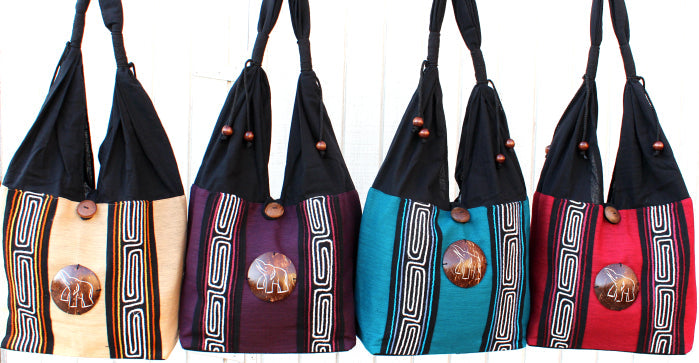 Handmade Cotton shoulder bag with hand embroidered design and hand-craved coconut shell accent(6 pack/ $10 ea.)